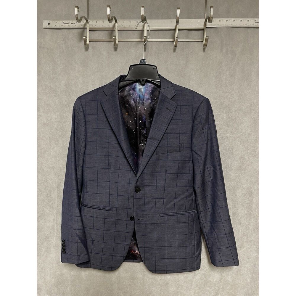 NWOT Indochino Blazer Men 38S Blue Windowpane Plaid‎ Coat Jacket Bespoke Luxury